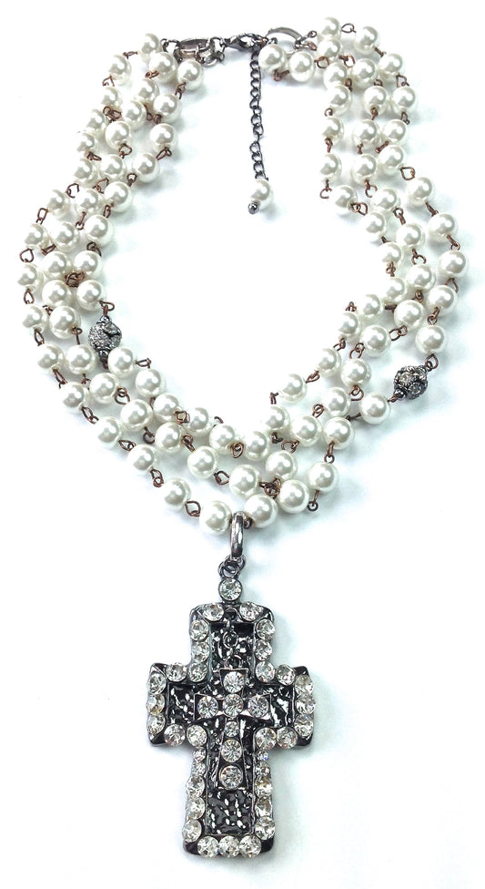 Triple Strand Beads with Cross Pendant