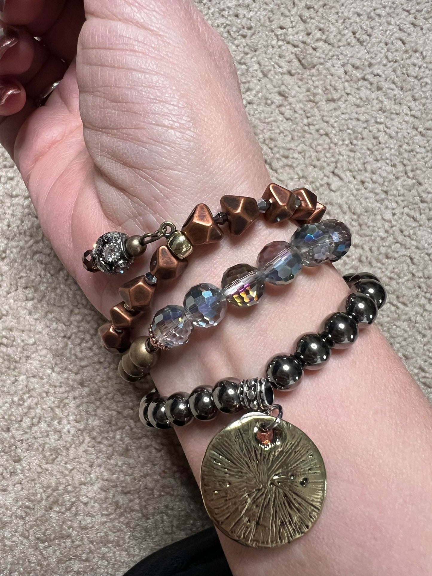 Bracelet Stack of Stretchy Multi Metal with Charms