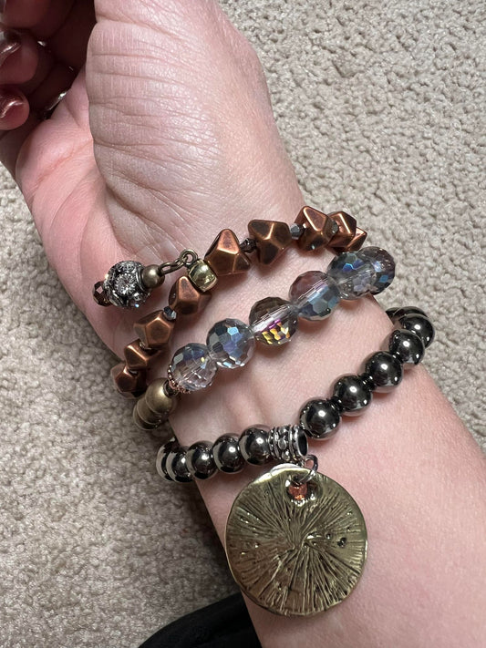 Bracelet Stack of Stretchy Multi Metal with Charms